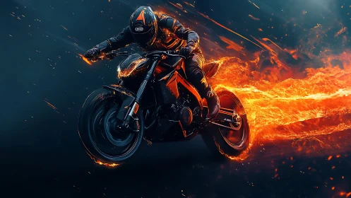 Dynamic 3D render of flaming sport motorcycle in motion blur.