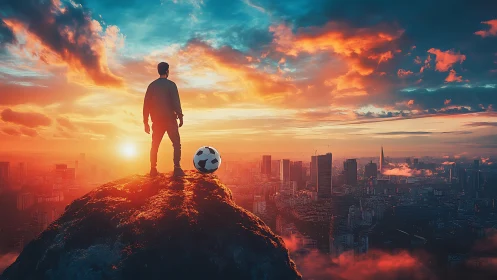 Sunset city skyline watched by lone man and football.