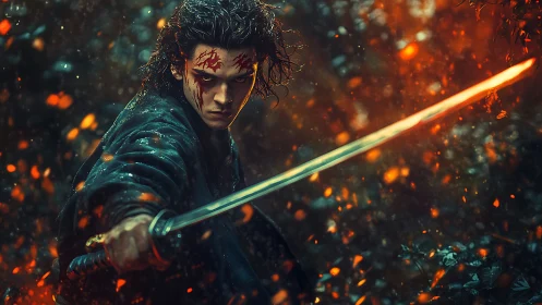 Bloodmarked warrior with glowing katana amid sparks.