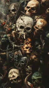 Skull pile with chains and weathered bones in dark tones.