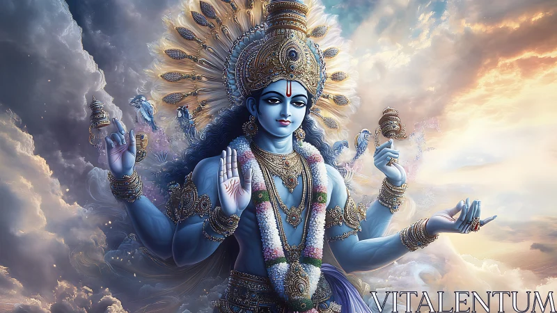 Celestial blue deity amid radiant storm-swept heavens.