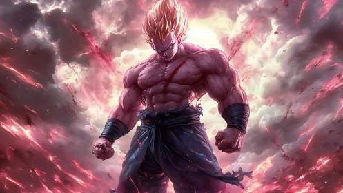 Muscular energy warrior stands amid turbulent luminous storm field