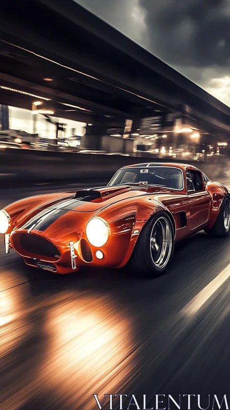 Red vintage sports car on city highway at night. Period.