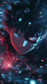 Battle-hardened anime warrior glares through fractured neon haze