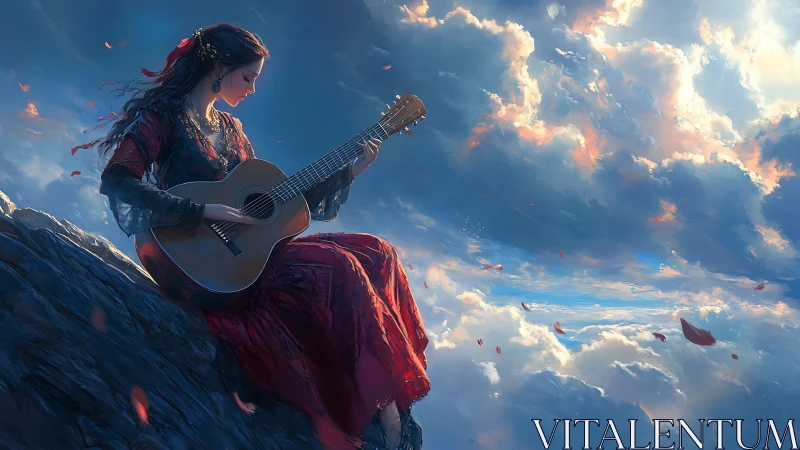 Guitarist in crimson dress on cliff edge against luminous sky