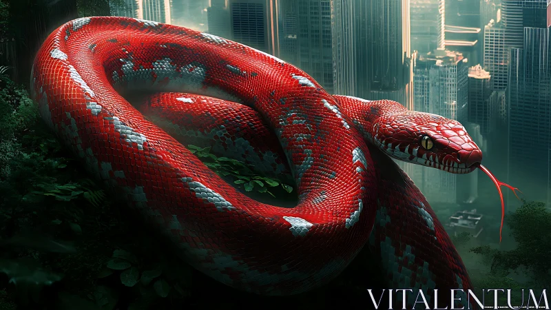 Crimson serpent coils above misty futuristic cityscape.