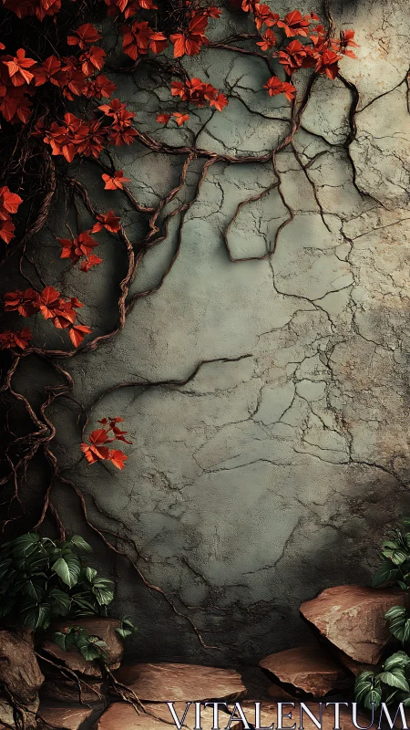 Cracked stone wall with red climbing vine and foliage.