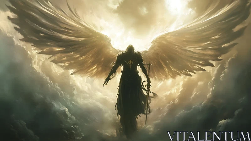 Radiant armored angel rises through stormlit celestial clouds.