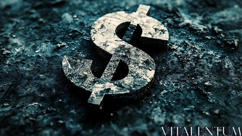 Corroded metallic dollar symbol rendered with cinematic macro lighting