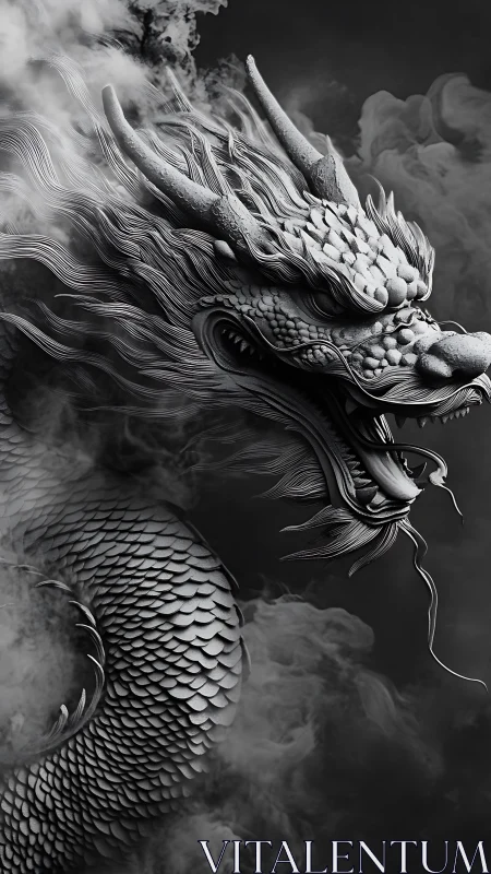 Monochrome eastern dragon coils through swirling smoke.