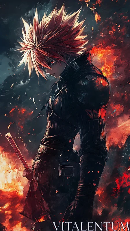 Fiery anime swordsman stands defiant amid swirling embers