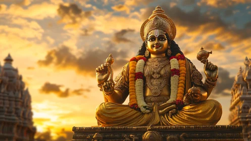 Golden Hindu deity statue glows against dramatic sunset sky