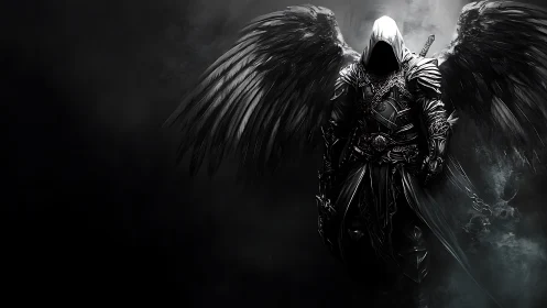 Dark winged reaper in monochrome fantasy armor composition.