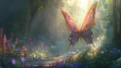 Iridescent butterfly hovering over sunlit forest stream.