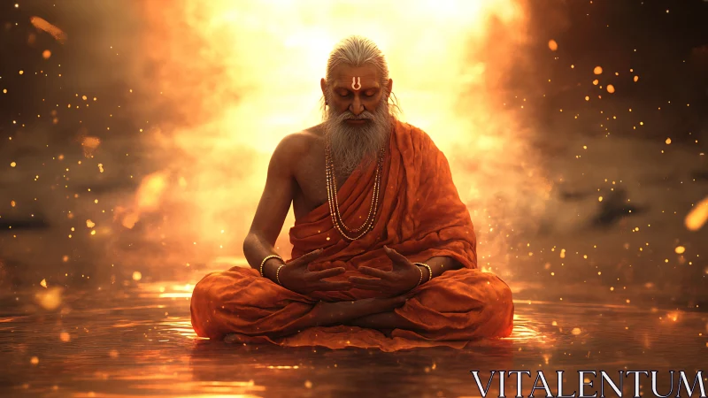 Radiant sage in fiery meditation amid glowing embers.