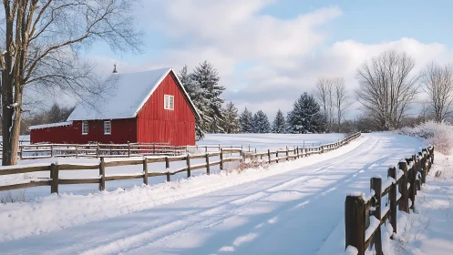 Red barn and fenced snow-covered road under winter light