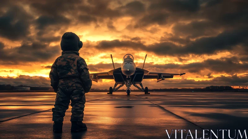 Child in flight suit watching fighter jet at sunset runway
