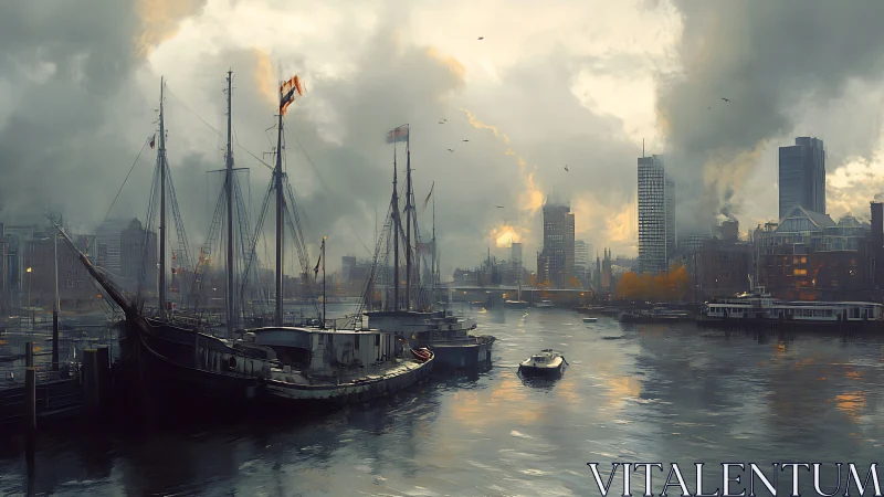 Harbor masts sketch twilight across a misty, modern skyline