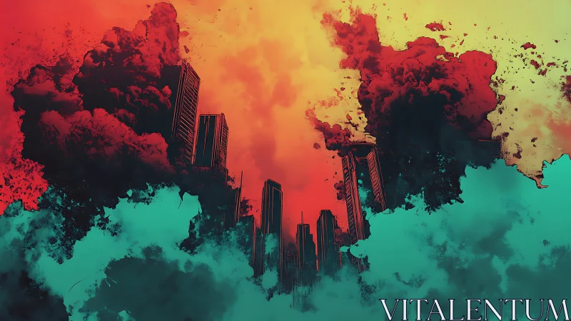 Urban skyline under dense colored clouds and haze.