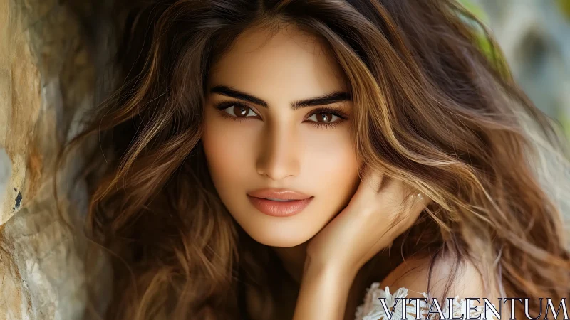 Sunlit gaze and windswept hair in soft golden focus.