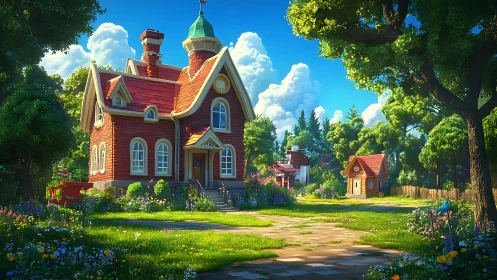 Whimsical red cottage rendered in vibrant stylized digital painting