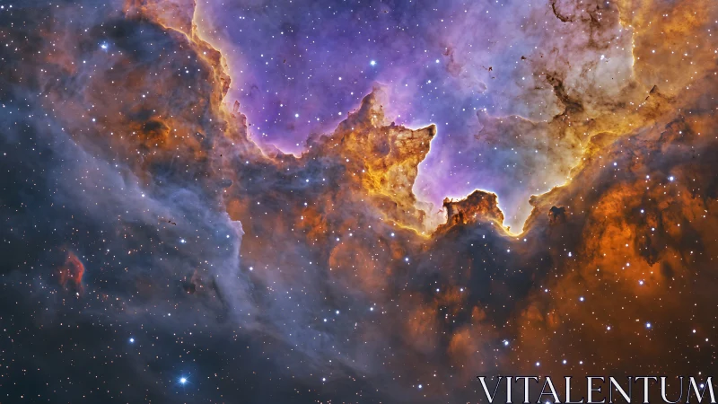 Radiant cosmic nebula glows in vivid purples, golds, and blues