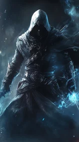 Hooded spectral assassin channels bioluminescent blue arcane energy