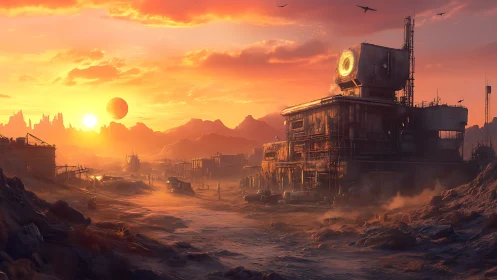 Rusted desert outpost glows beneath a blazing alien sunset.