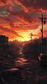 Fiery sunset glows over a lonely, ruined city roadway