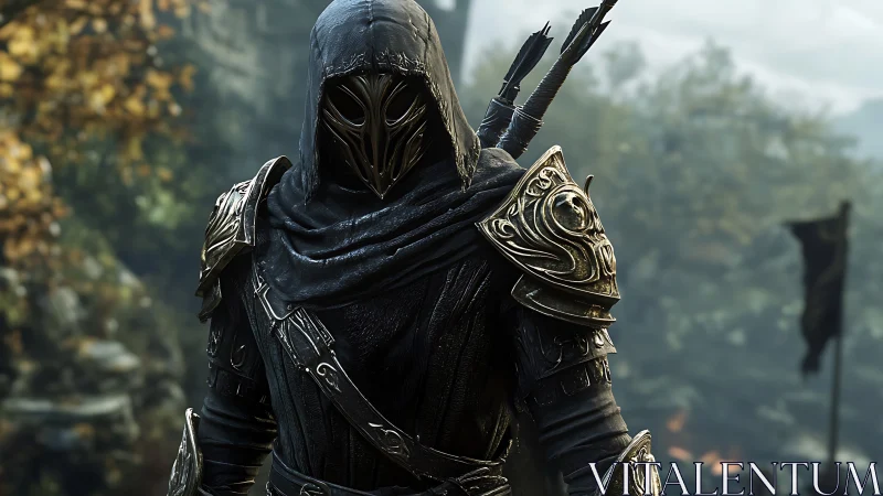 Hooded armored ranger stands alert in misty forest valley