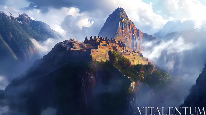 Sunlit mountain citadel welcomes the clouds and valleys
