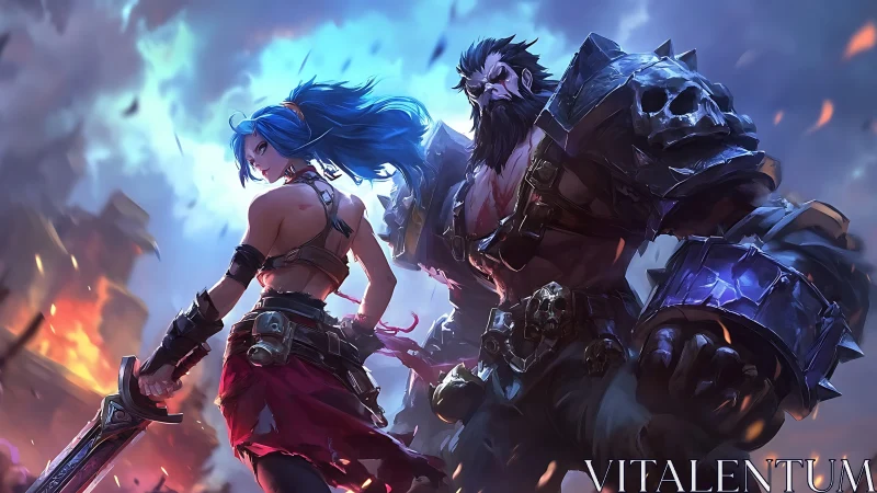 Bold warrior duo standing strong in a storm of rising fire.