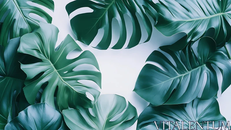 Overlapping monstera foliage in cool-toned botanical flatlay