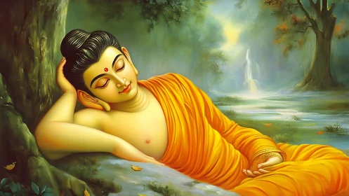Serene reclining Buddha bathed in golden forest light.