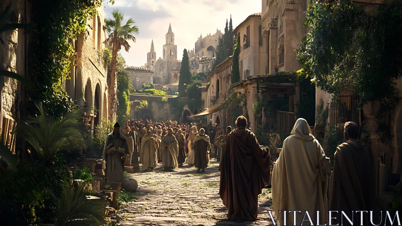 Digital painting of ancient stone street with robed procession.