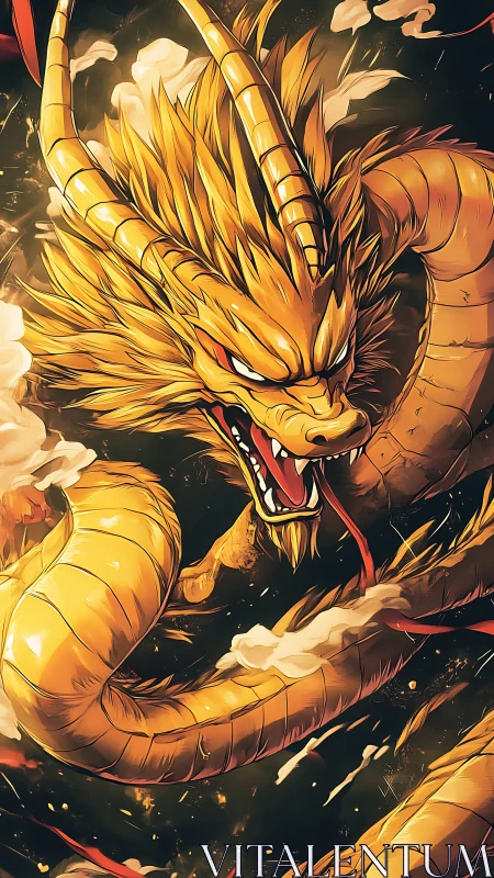 Golden dragon coils through stormlit sky with fierce grace