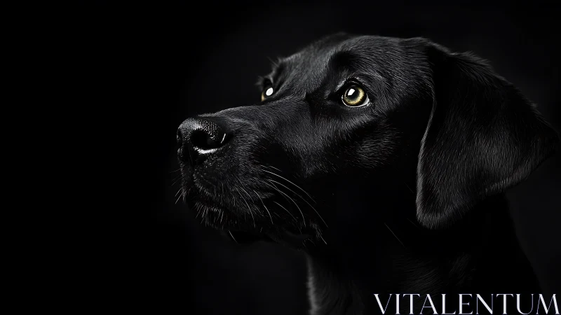 Low key profile portrait of glossy black dog on black background.