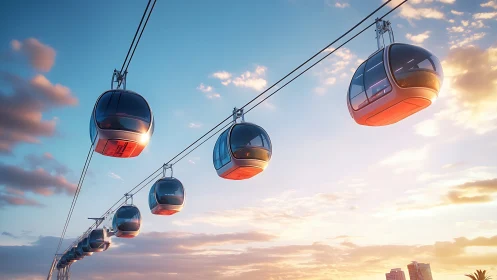 Futuristic sky cable cars glide above a glowing sunset city