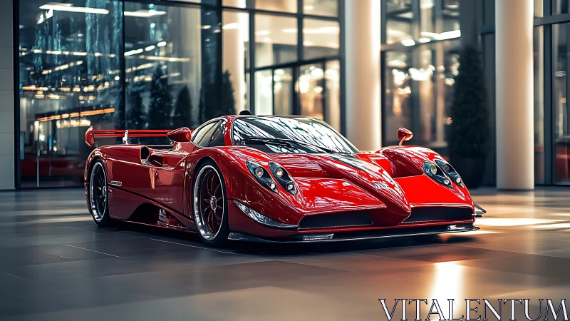Sleek red supercar glowing under modern showroom lights.