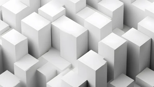 Minimalist abstract cityscape with white geometric blocks, 3D style.