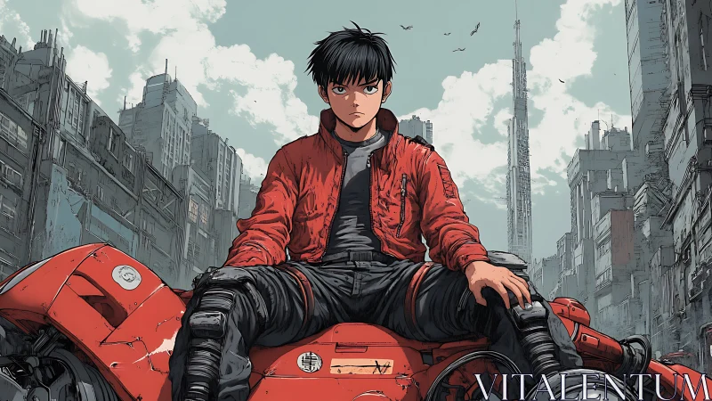 Anime rider sitting on red bike in ruined city street