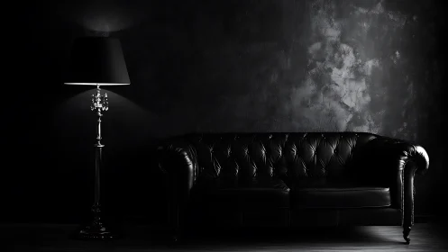 Moody black leather sofa and lamp in dramatic chiaroscuro.