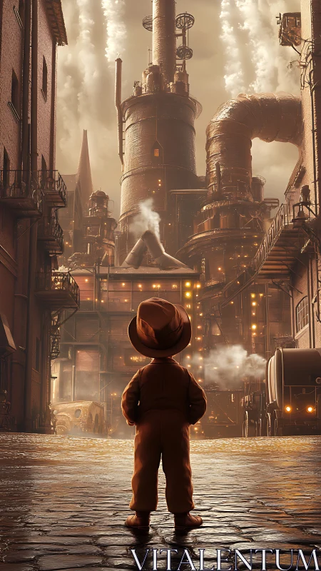 Cinematic steampunk child silhouette before towering factory gate.