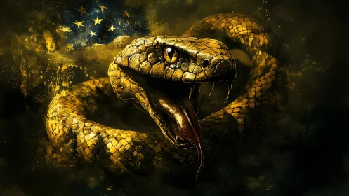 Coiled rattlesnake close-up with distressed flag backdrop