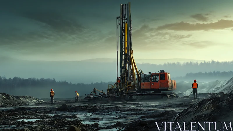 Drilling rig dominates foggy open-pit site at blue hour