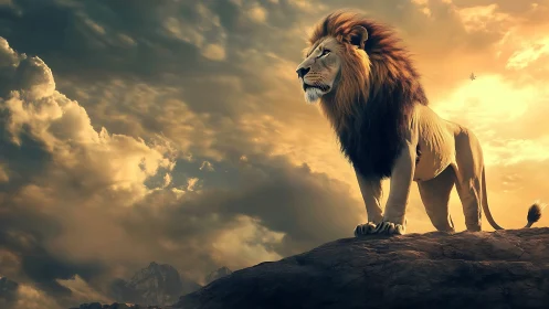 Majestic lion surveys a glowing savannah sky at sunset.