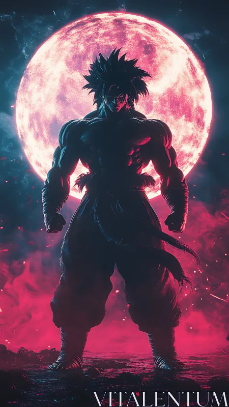 Warrior silhouette ignites under colossal neon moon.