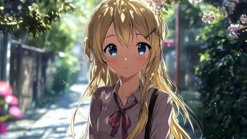 Sunlit lane pauses with a quiet, blue eyed anime daydream.