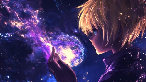 Starlit child gently cradles a glowing cosmic sphere