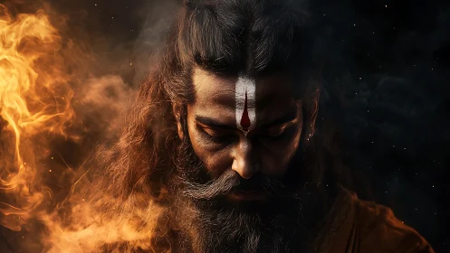 Fire-kissed mystic in meditative shadow between worlds.